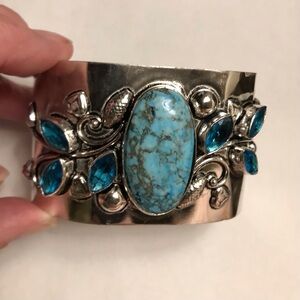 Turquoise Blue Topaz Stamped Solid 925 Sterling Silver Cuff Bracelet